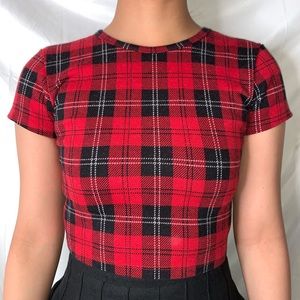 Brandy Melville Red, Black White Plaid Crop Top One Size Fits All Extra Small